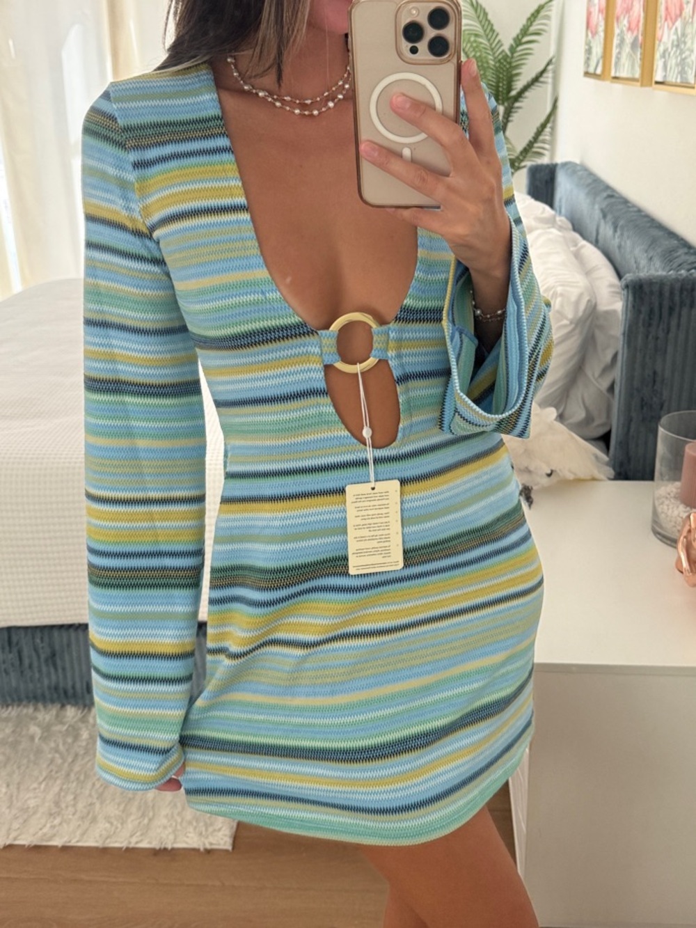 Monday Swimwear Striped Ring-Front Mini Dress in Aqua, Seafoam & Yellow